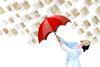 Woman in lab coat with red umbrella fighting against flurry of papers
