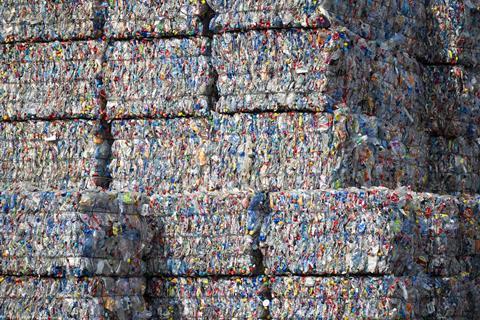 A large volume of bundled plastic waste