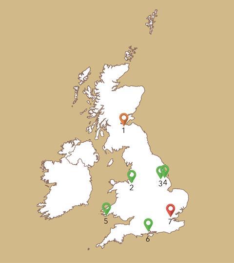 An outline map of the UK showing the location of seven refineries: Grangemouth on the Firth of Forth (scheduled to close this year; Stanlow in Cheshire; Fawley in Hampshire; Lindsey and Humber on the Humber estuary; Coryton in Essex (closed) and Milford Haven in Pembrokeshire