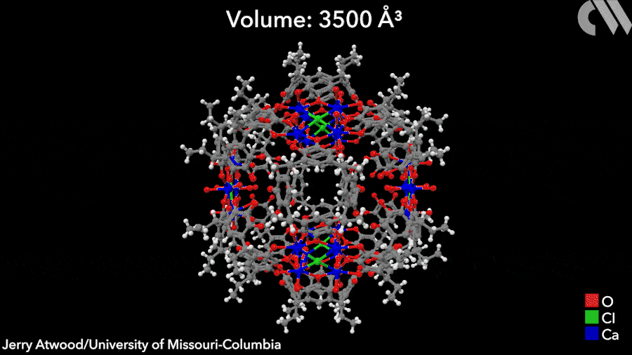 Gif showing 3d depiction of a Nanocapsule seamed by calcium ions